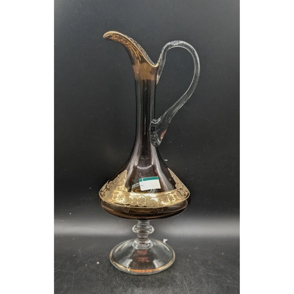 Vintage Amber Smoke Glass Decanter Gold Encrusted Floral Scroll Pedestal Handle